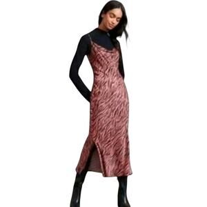 Anthropologie ~Woman Size XL~ Elyse Pink Zebra Print Cowl Neck Satin Midi Dress.